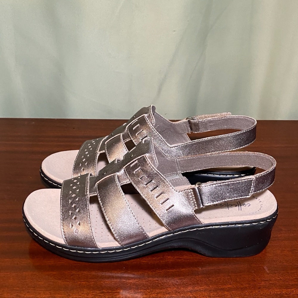 Clarks Lexi Qwin Leather Sandals Pewter Metallic Women’s 12 W NWT